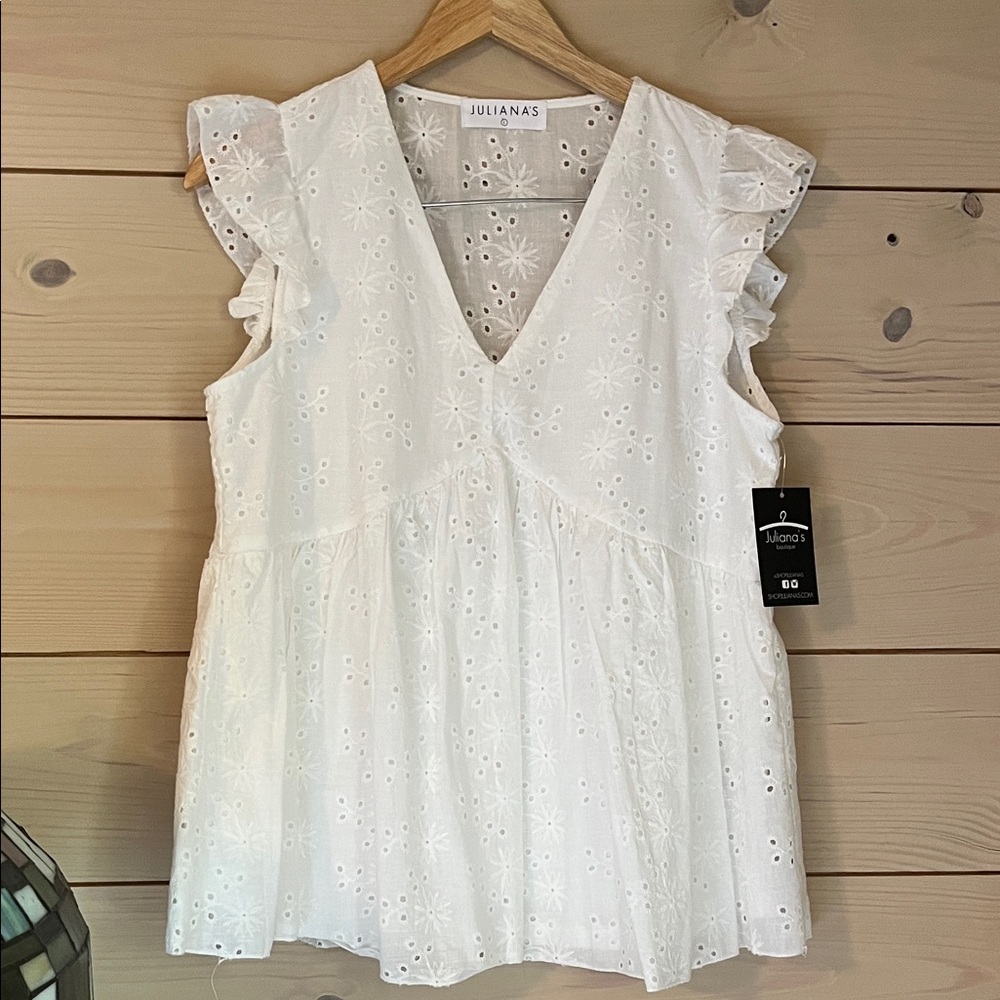 White eyelet feminine details boutique Top